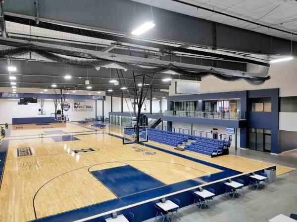 Overhead shot of basketball courts.
