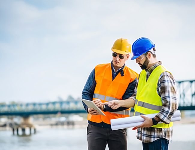Two experts engineers in protective helmets and fluorescent vests showing the construction site and building activities after the successful project phase. Image taken with Nikon D800 and 85mm developed from RAW in XXXL size, in Novi Sad, Serbia, Central Europe, Europe.